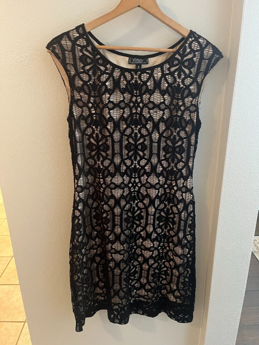 Dress Barn Collection Nude Sheath Midi Dress with Black Lace and Cap Sleeves